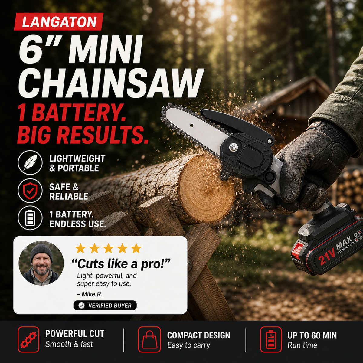 🌲🔋 50% KORTING! Zaag door 30cm dikke stammen met deze 6-inch mini-kettingzaag – 2 accu's, 2580W vermogen, borstelloze motor, automatische kettingsmering. Licht, sterk en snoerloos!
