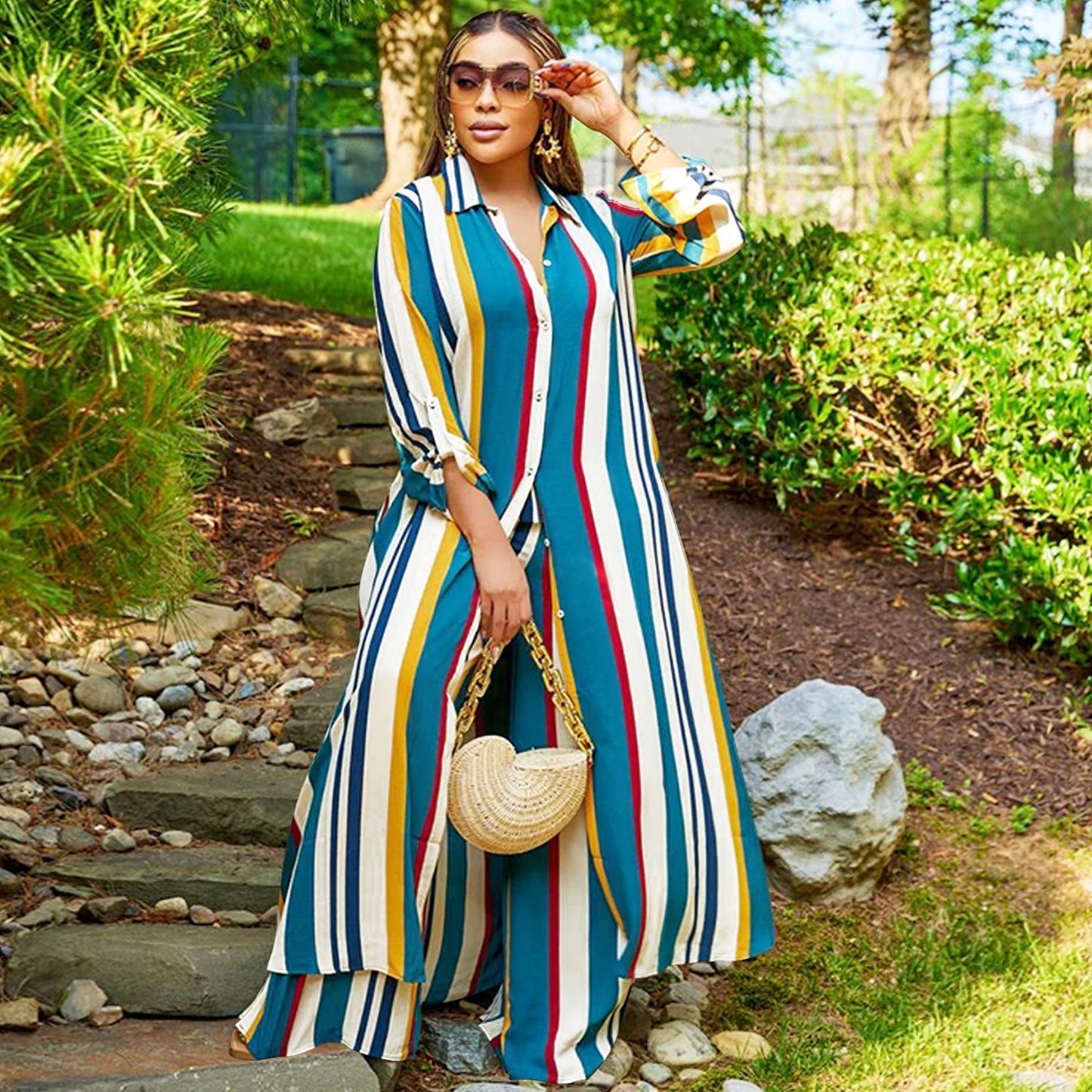 Completo 2 pezzi a righe con maglia lunga a maniche lunghe e pantaloni comodi