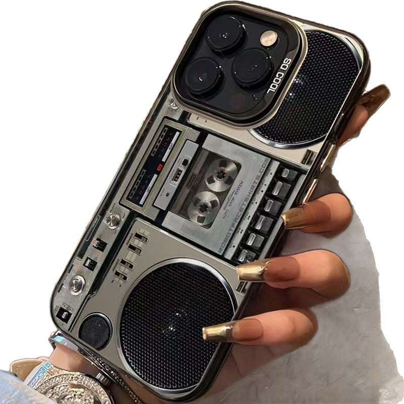 Custodia per cellulare con design a boombox retrò e lettore di cassette