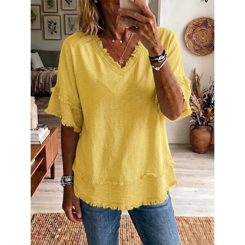 💖T-Shirt Boho da Donna con Scollo a V e Bordi Sfrangiati 🌿 – Vestibilità Ampia, Top Estivo Traspirante in Cotone Morbido👚