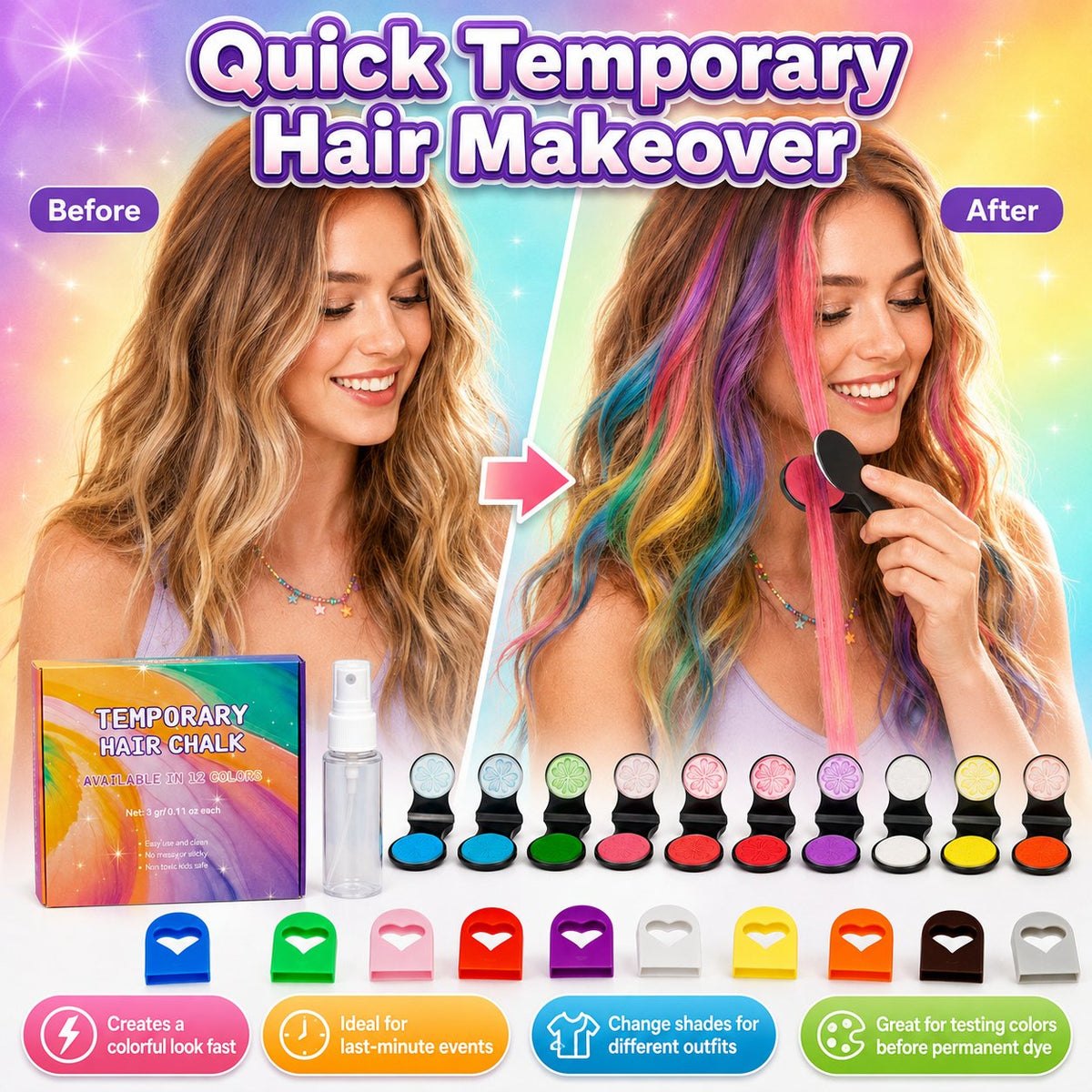 🌈 Set di gessetti colorati temporanei per capelli – 12 colori, facile applicazione a clip, si lava con lo shampoo. Perfetto per feste e cosplay! ✨🎉