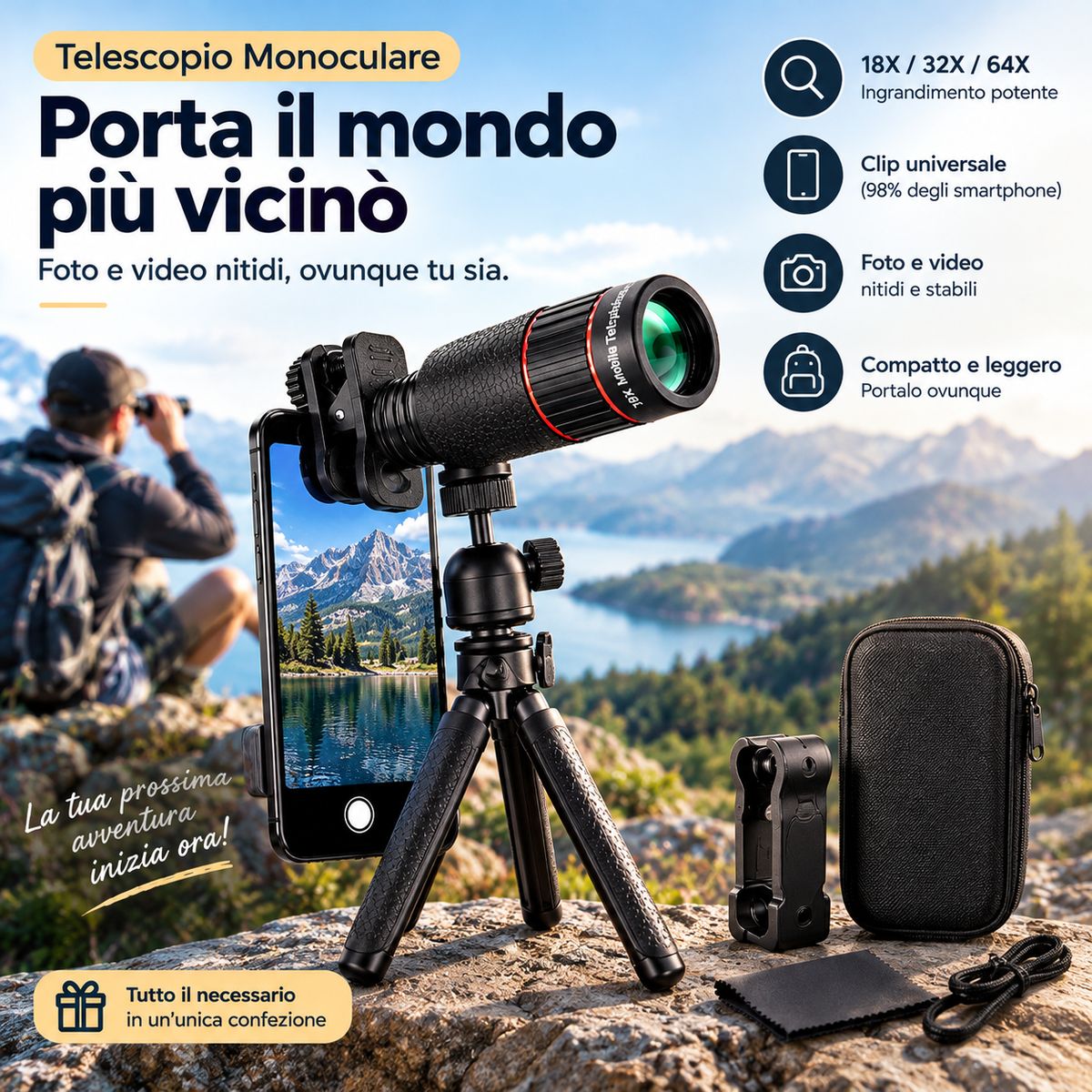🔭✨ Telescopio monoculare per smartphone – Dì Addio alle foto sfocate di oggetti lontani! 🚫 18/32/64X HD, clip universale, ideale concerti e birdwatching 📱