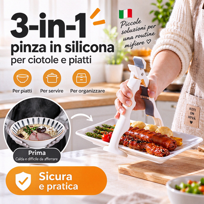 🍳✨ Pinza silicone 3 in 1 per cucina – Dì Addio alle scottature e ai troppi utensili! 🚫 Antiscivolo, resistente al calore fino a 230°C, solleva stoviglie + apribottiglie, salvaspazio ✨