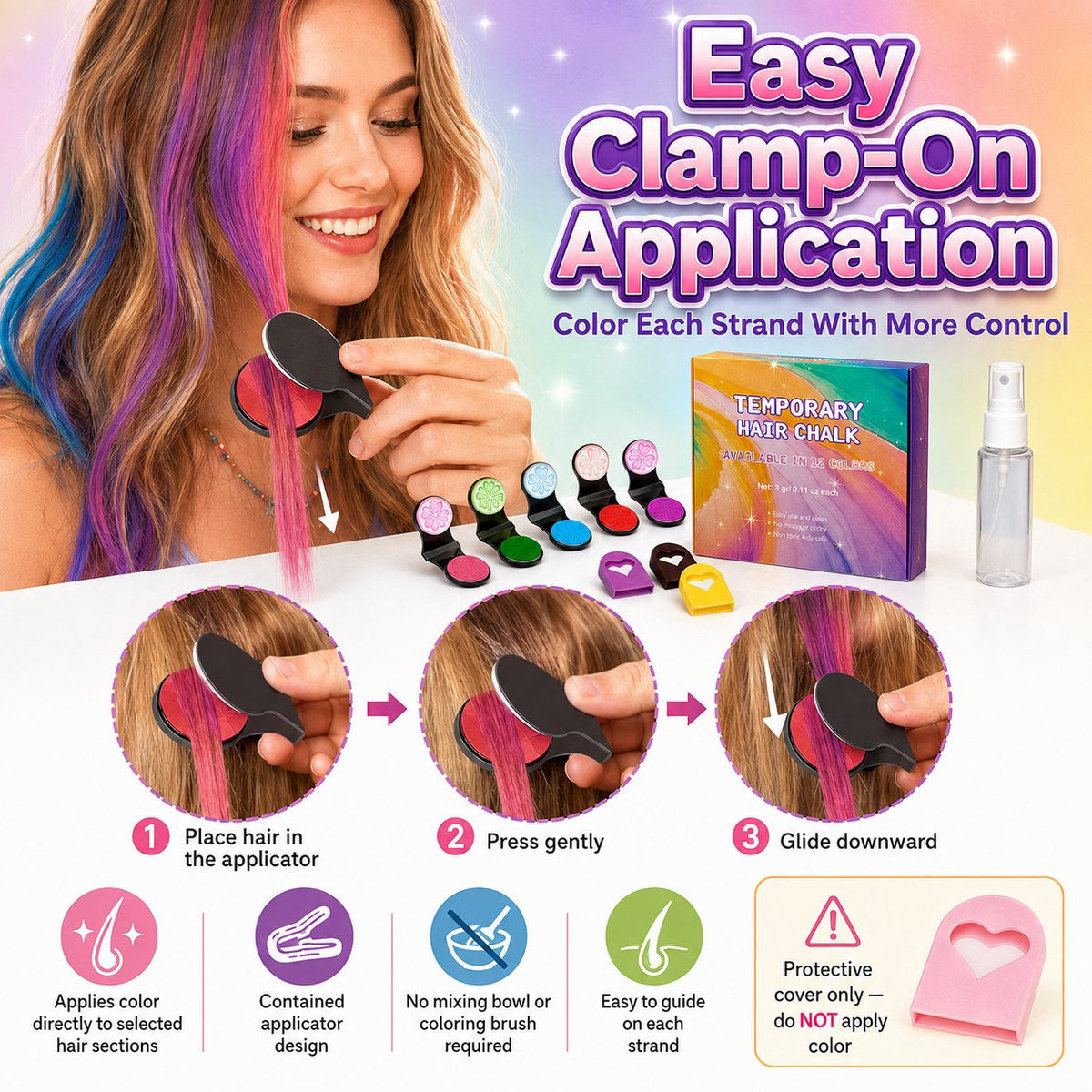 🌈 Set di gessetti colorati temporanei per capelli – 12 colori, facile applicazione a clip, si lava con lo shampoo. Perfetto per feste e cosplay! ✨🎉