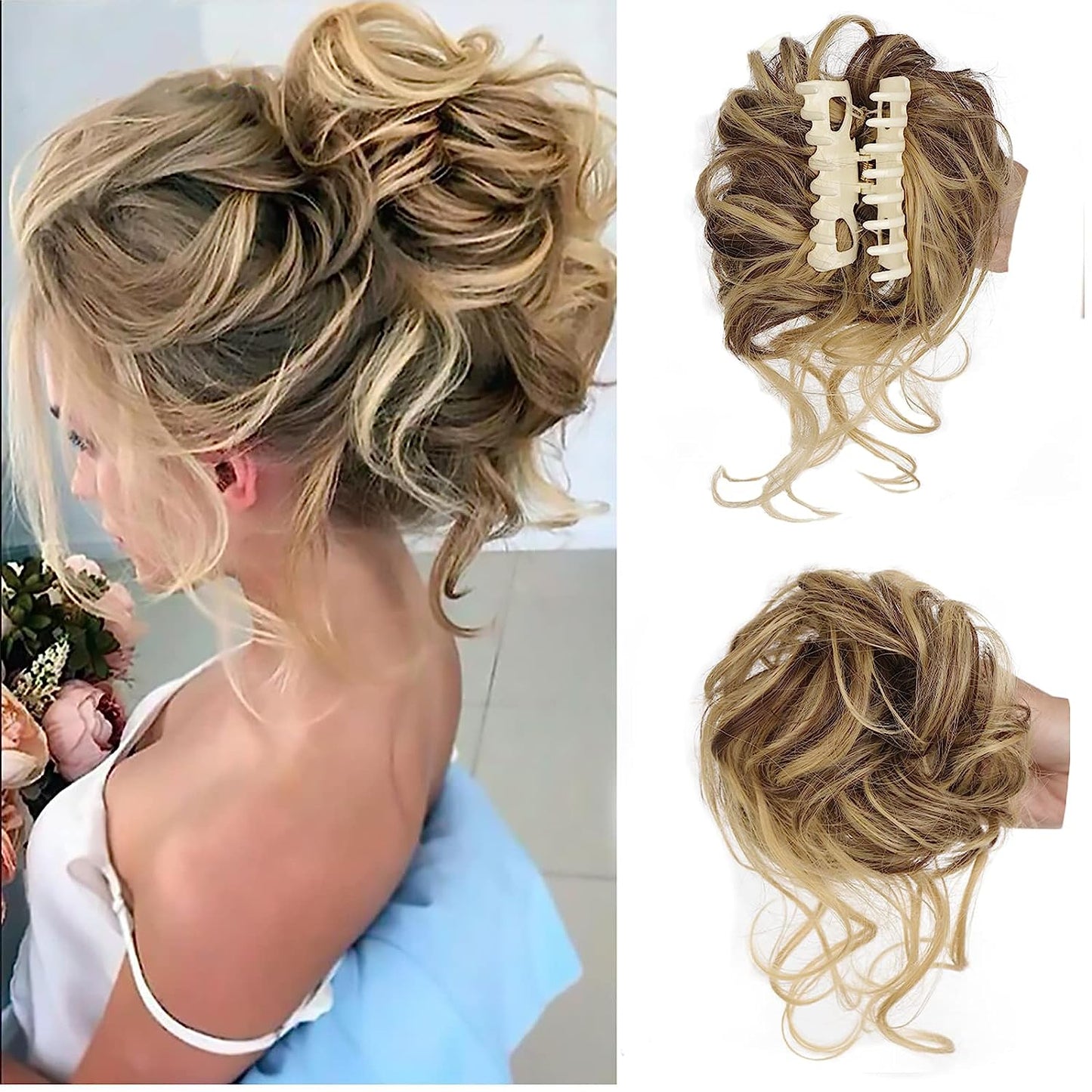 Posticcio per capelli raccolti in uno chignon disordinato, posticcio per capelli ricci e mossi raccolti in una coda di cavallo da indossare tutti i giorni
