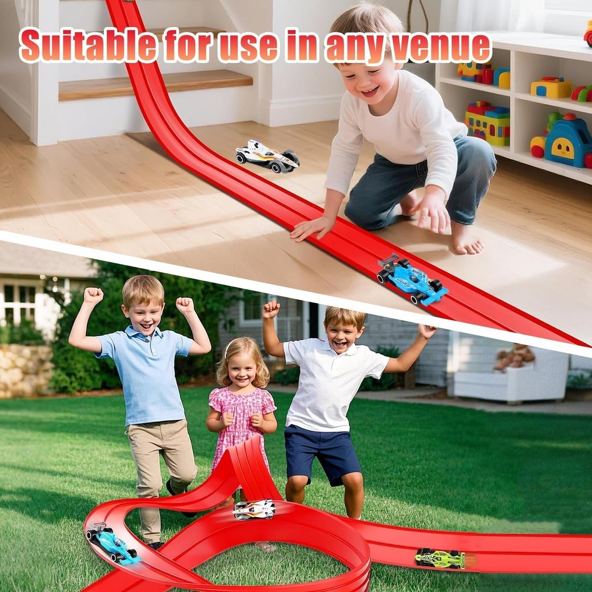 🏎️✨ Set pista da corsa flessibile per bambini – Dì Addio ai percorsi rigidi e monotoni! 🚫 Senza attrezzi, si attacca con ventose, arrotolabile per riporre, con macchinine in lega 🧸
