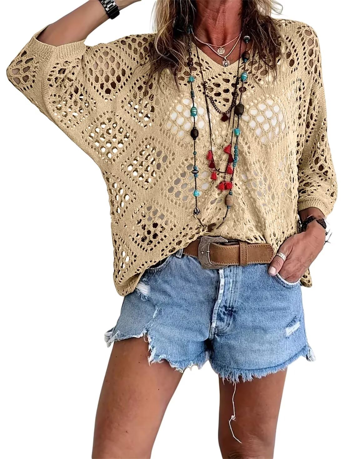 🥰Saldi estivi - 50% di sconto💛Top da donna beige all'uncinetto in stile bohémien con scollo a V