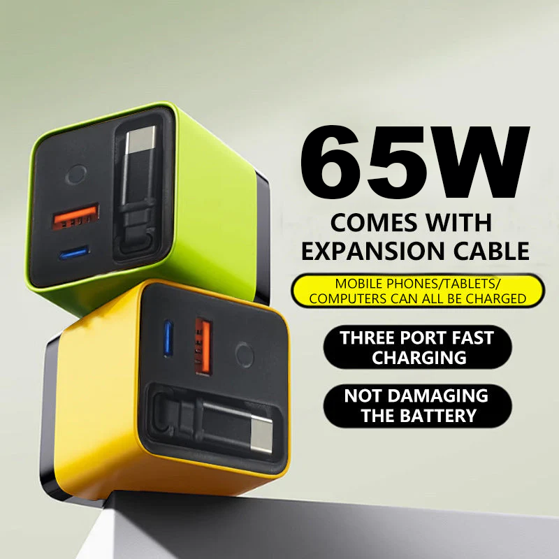 ⚡ Caricabatterie GaN 80W 3 in 1 con Cavo Type-C Retraibile 🔌🎒 - Ricarica Ultra-Veloce PD | USB-C + USB-A | Compatto & Portatile | 4 Colori | -50%