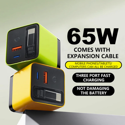 ⚡ Caricabatterie GaN 80W 3 in 1 con Cavo Type-C Retraibile 🔌🎒 - Ricarica Ultra-Veloce PD | USB-C + USB-A | Compatto & Portatile | 4 Colori | -50%