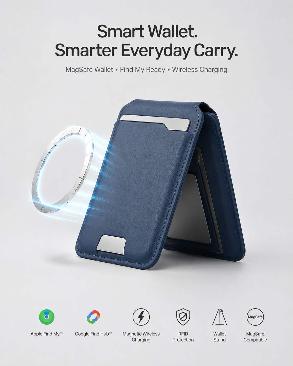 Portafoglio intelligente MagSafe in vera pelle nappa – con Apple Trova il mio™ e Google Find Hub™, protezione RFID e ricarica wireless.