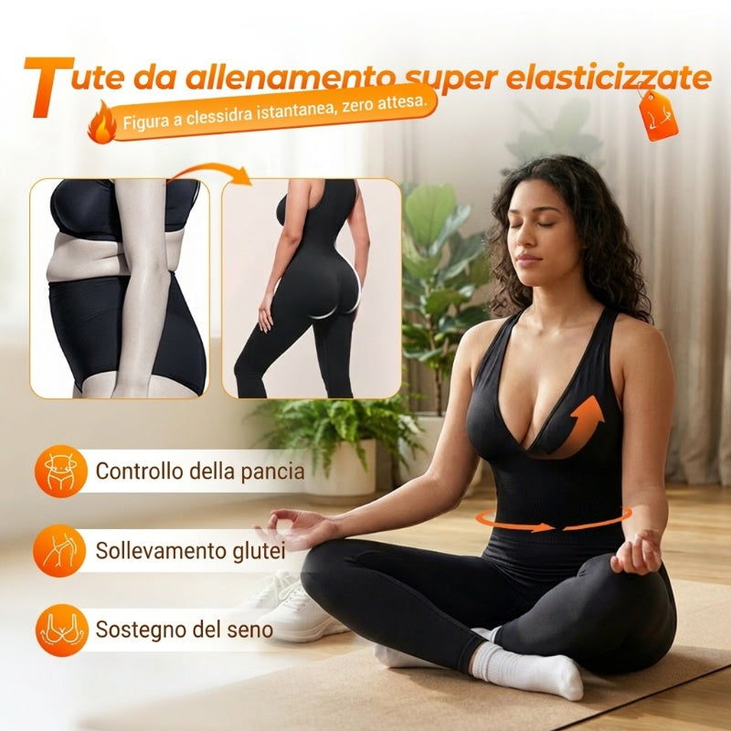 Tuta ad alta elasticità con scollo a V per fitness e yoga
