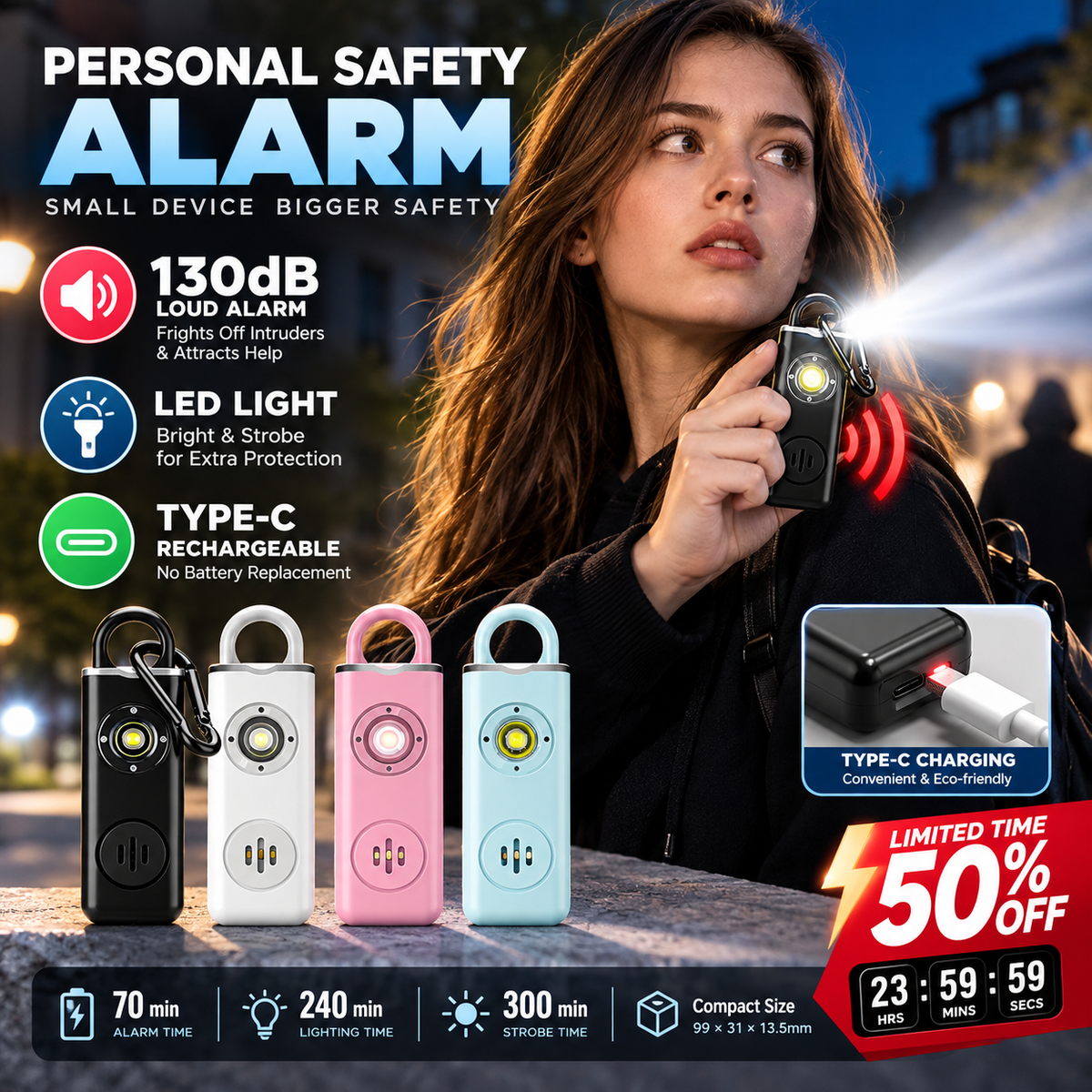 🚨Allarme personale di sicurezza ricaricabile Type-C✨130dB suono forte + torcia LED e luce stroboscopica SOS. Piccolo e portatile, avviso batteria scarica, antiurto. Perfetto per donne, bambini e anziani per emergenze✅
