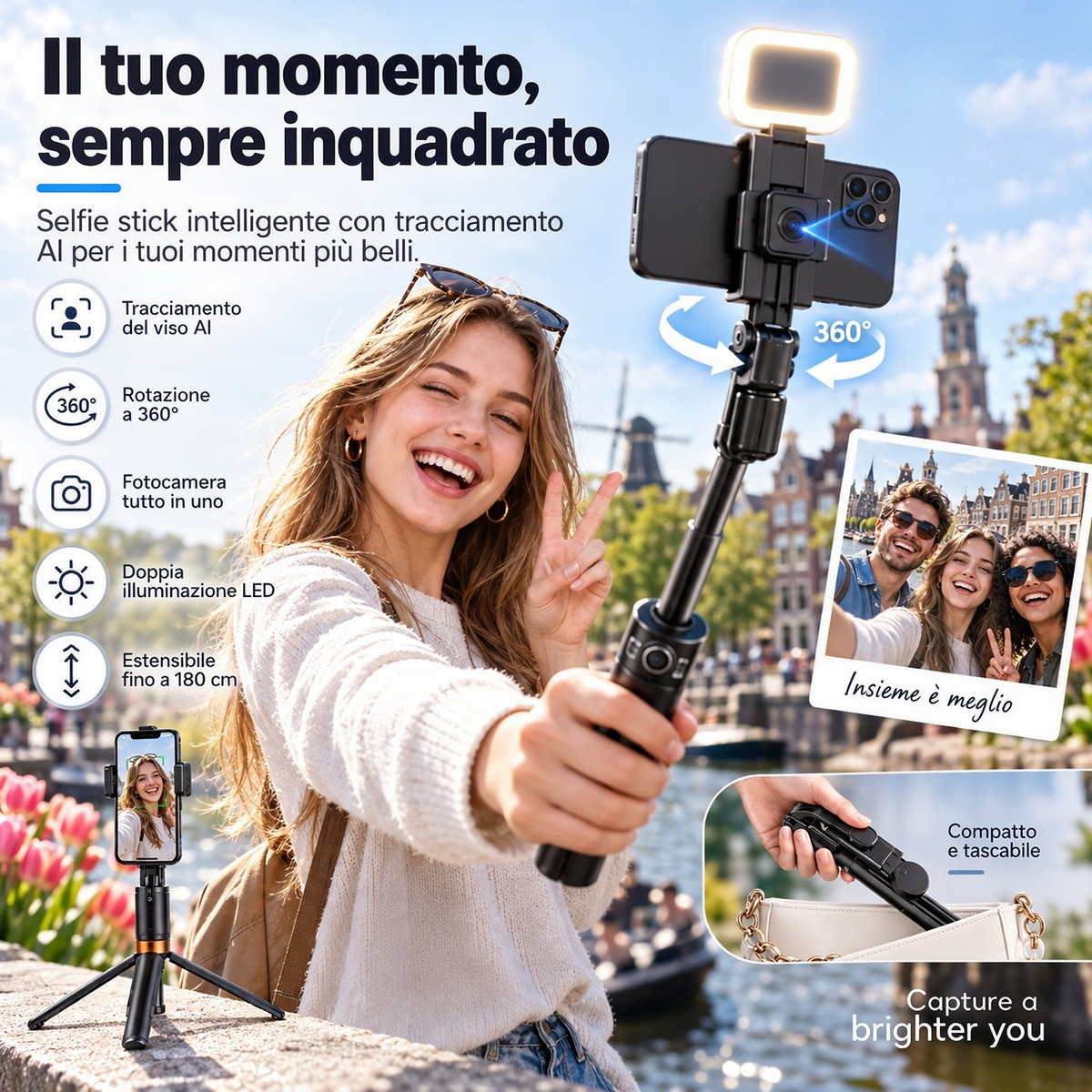 📱 Selfie stick intelligente da 180 cm con riconoscimento automatico del volto – Filma e scatta foto con più libertà