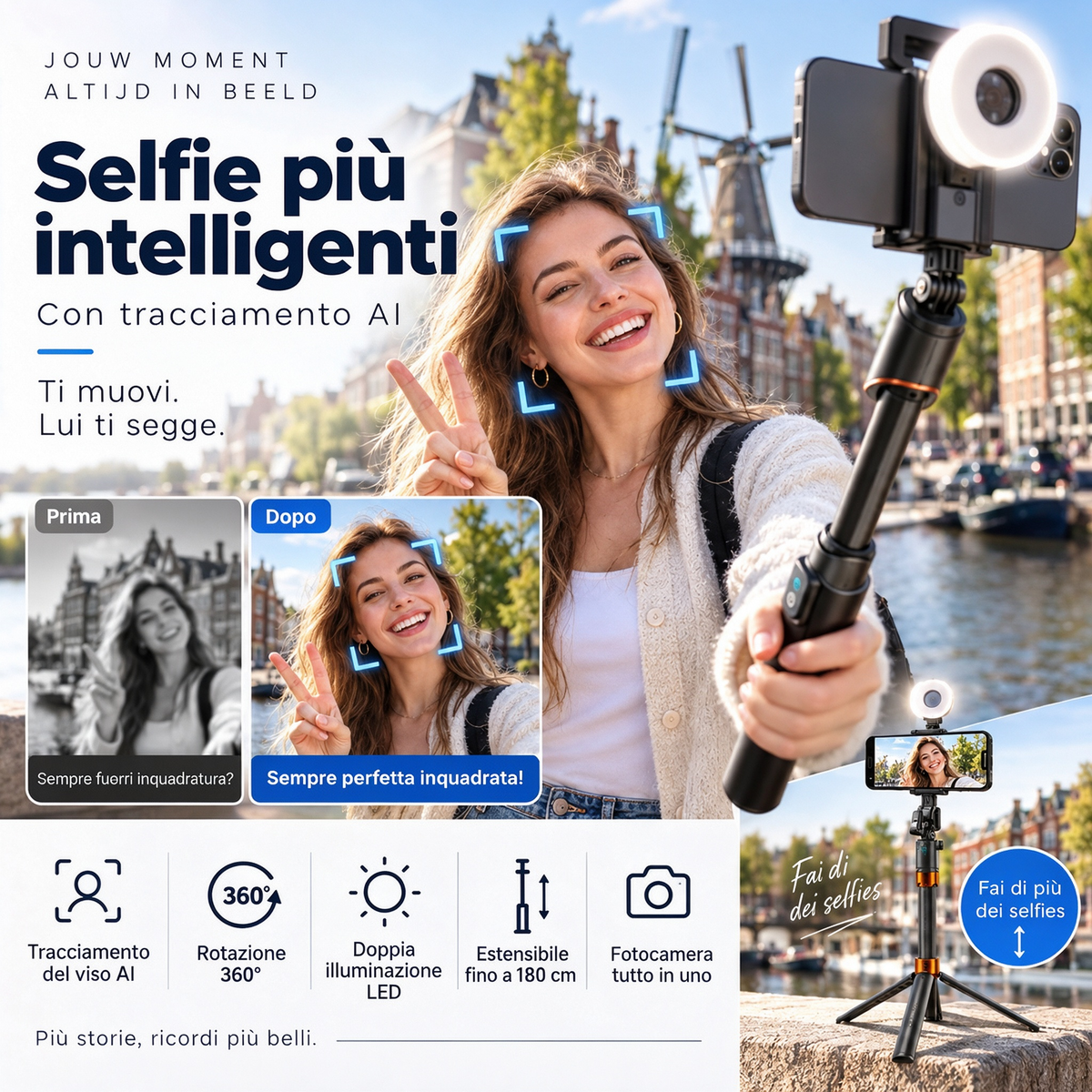 📱 Selfie stick intelligente da 180 cm con riconoscimento automatico del volto – Filma e scatta foto con più libertà