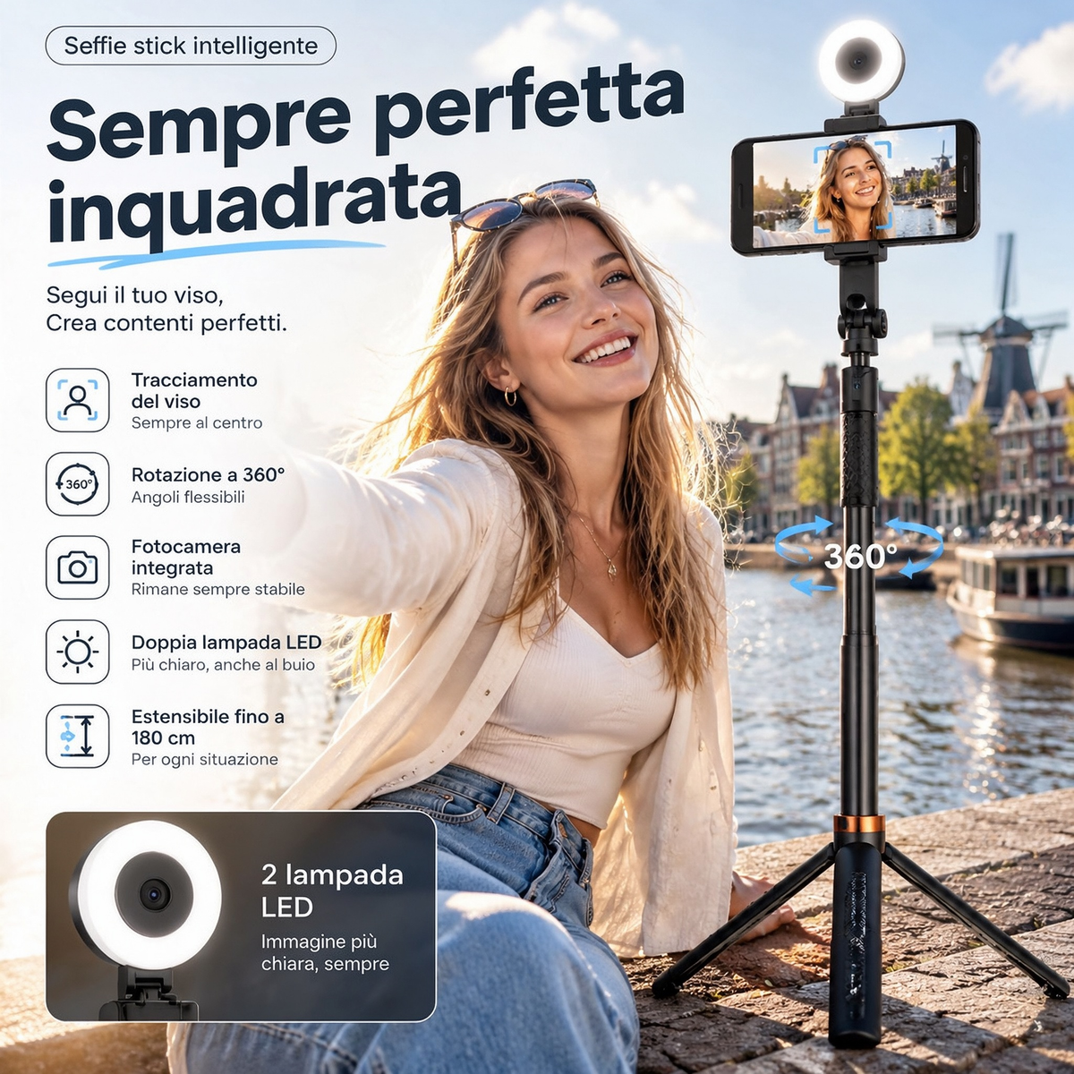 📱 Selfie stick intelligente da 180 cm con riconoscimento automatico del volto – Filma e scatta foto con più libertà