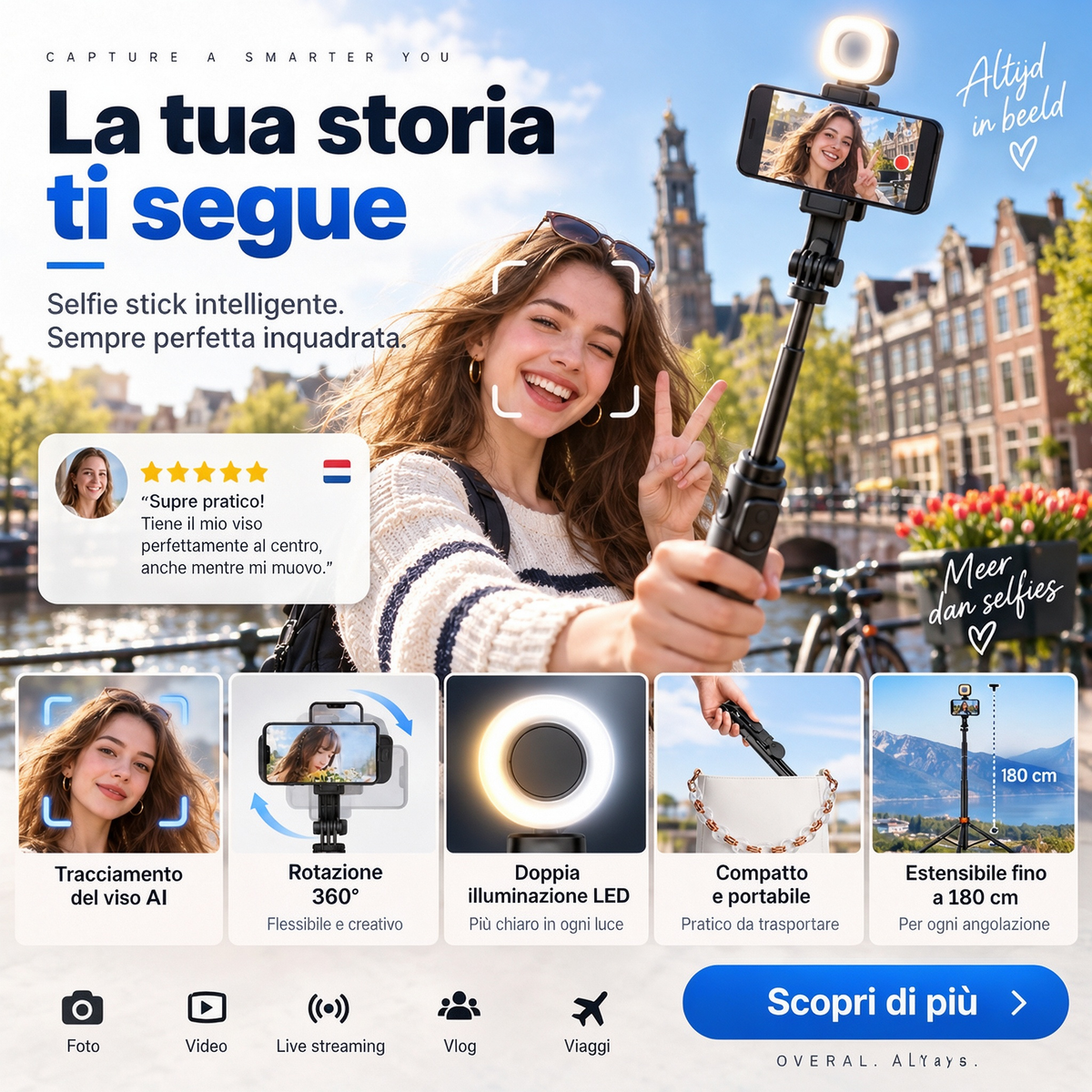 📱 Selfie stick intelligente da 180 cm con riconoscimento automatico del volto – Filma e scatta foto con più libertà