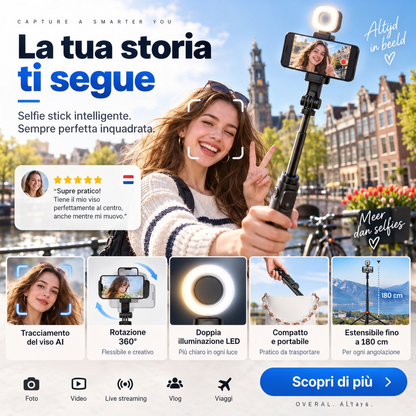 📱 Selfie stick intelligente da 180 cm con riconoscimento automatico del volto – Filma e scatta foto con più libertà
