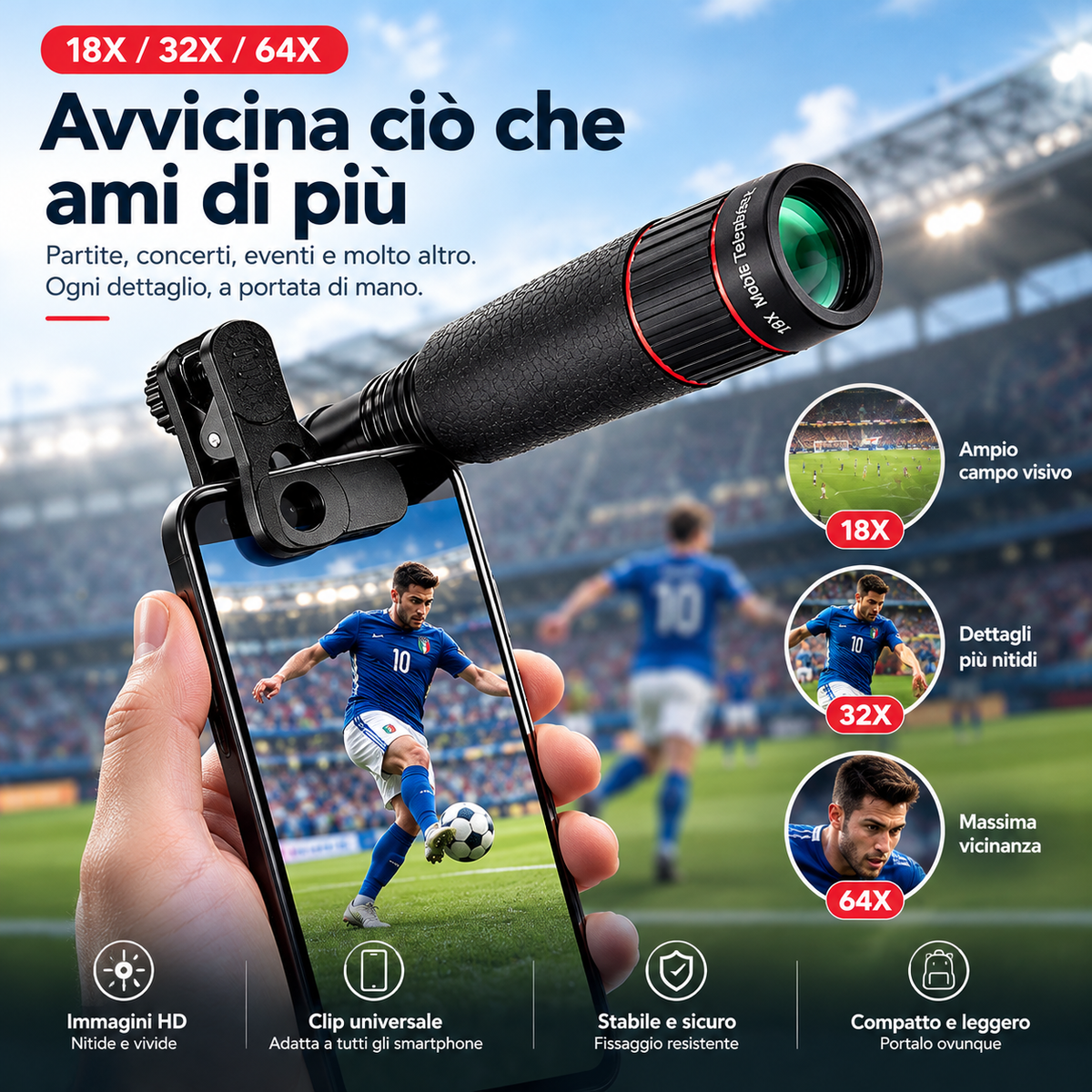 🔭✨ Telescopio monoculare per smartphone – Dì Addio alle foto sfocate di oggetti lontani! 🚫 18/32/64X HD, clip universale, ideale concerti e birdwatching 📱