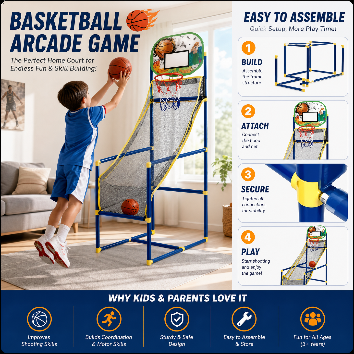🏀⛹️ Gioco Arcade di Basket Indoor con 4 Palloni – Canestro per Bambini da Casa 🎯🏀 Perfetto per Sala Giochi & Feste, Sviluppa la Motricità, Telaio Indistruttibile, Pronto a Giocare!