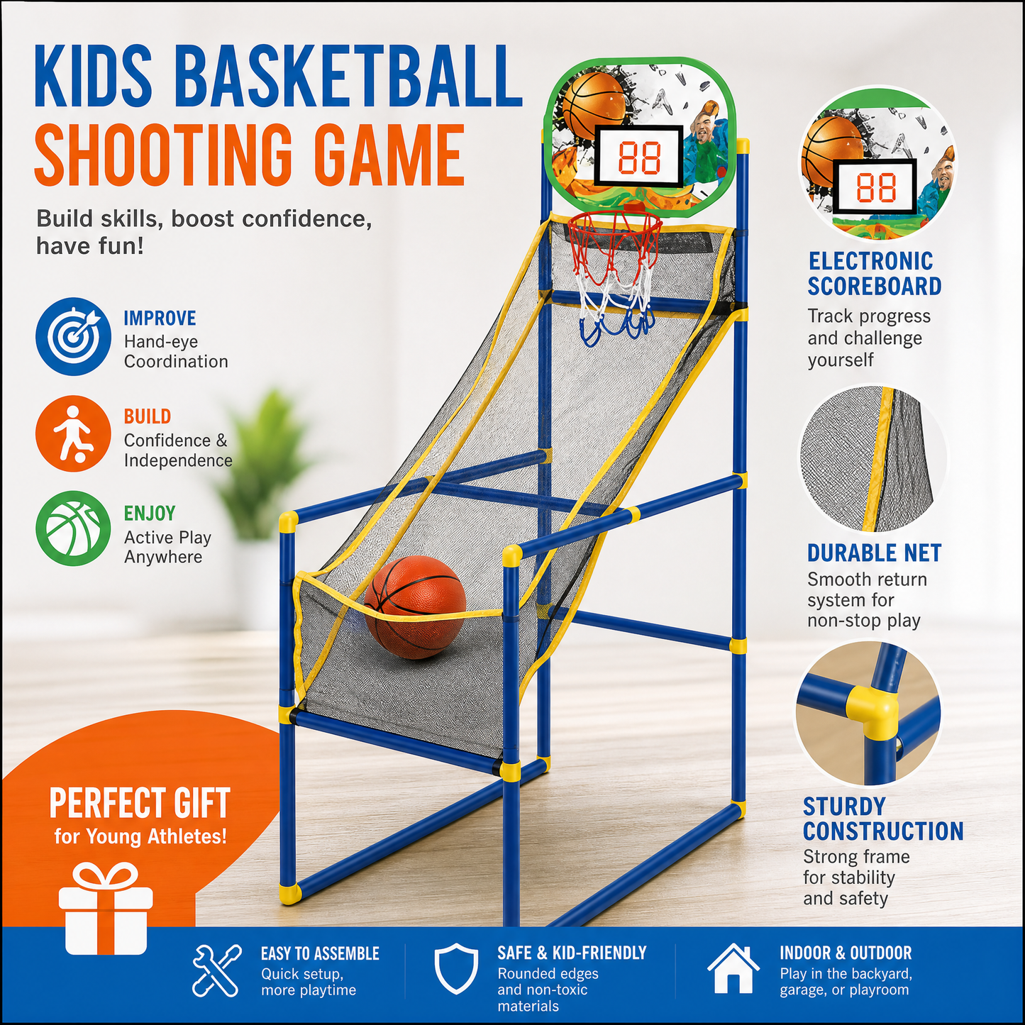 🏀⛹️ Gioco Arcade di Basket Indoor con 4 Palloni – Canestro per Bambini da Casa 🎯🏀 Perfetto per Sala Giochi & Feste, Sviluppa la Motricità, Telaio Indistruttibile, Pronto a Giocare!