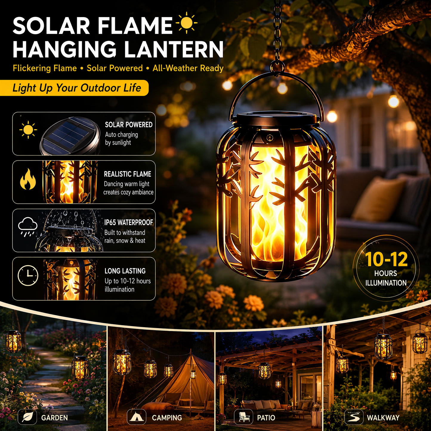 ☀️ Lanterna Solare a Fiamma Tremolante – Impermeabile e Automatica – Luce Calda e Realistica, Perfetta per Terrazze, Giardini o Vialetti – Senza Fili 🌙