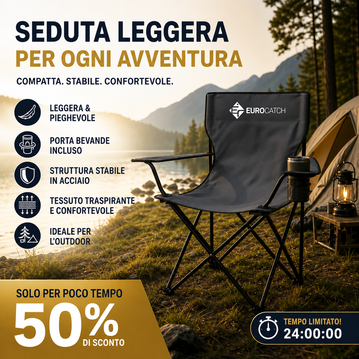 Sedia da Campeggio Pieghevole Portatile con Portabicchiere