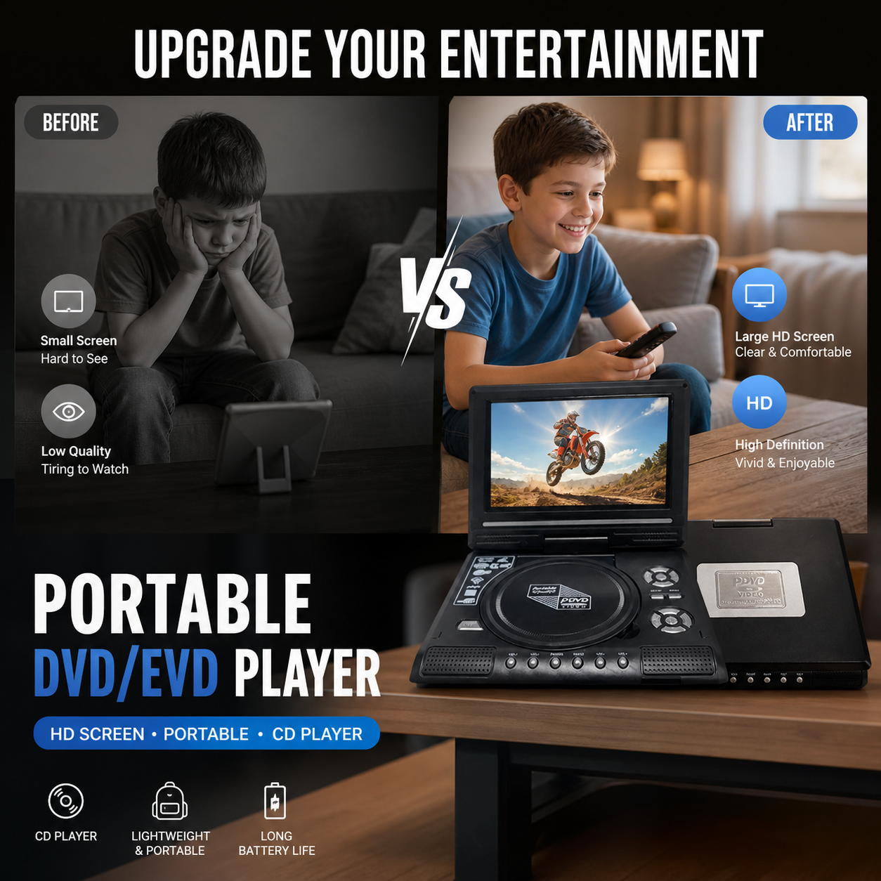 🔥 NOVITÀ 2026: 50% DI SCONTO – Lettore DVD/EVD Portatile HD 7,8" – L'Intrattenimento Definitivo in Viaggio – Grande Schermo HD – Ricaricabile – Riproduce DVD, CD, USB & SD – Perfetto per Casa e Auto 📺🎬✨