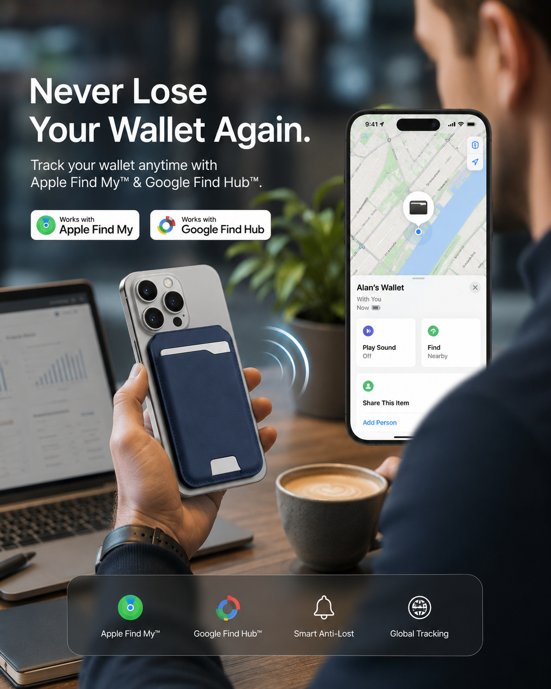 Portafoglio intelligente MagSafe in vera pelle nappa – con Apple Trova il mio™ e Google Find Hub™, protezione RFID e ricarica wireless.