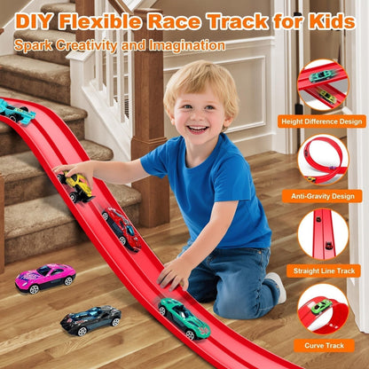 🏎️✨ Set pista da corsa flessibile per bambini – Dì Addio ai percorsi rigidi e monotoni! 🚫 Senza attrezzi, si attacca con ventose, arrotolabile per riporre, con macchinine in lega 🧸