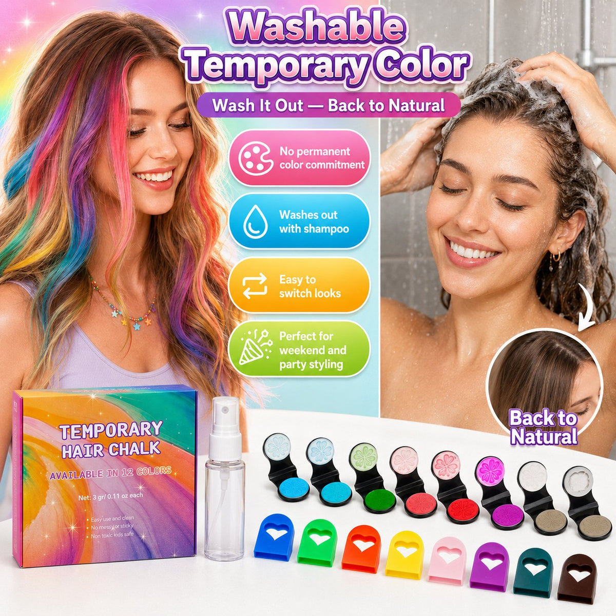 🌈 Set di gessetti colorati temporanei per capelli – 12 colori, facile applicazione a clip, si lava con lo shampoo. Perfetto per feste e cosplay! ✨🎉