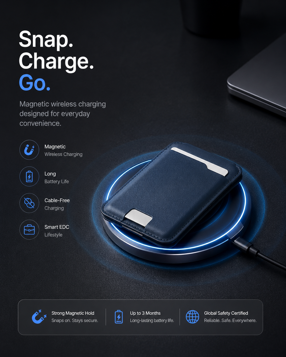 Portafoglio intelligente MagSafe in vera pelle nappa – con Apple Trova il mio™ e Google Find Hub™, protezione RFID e ricarica wireless.