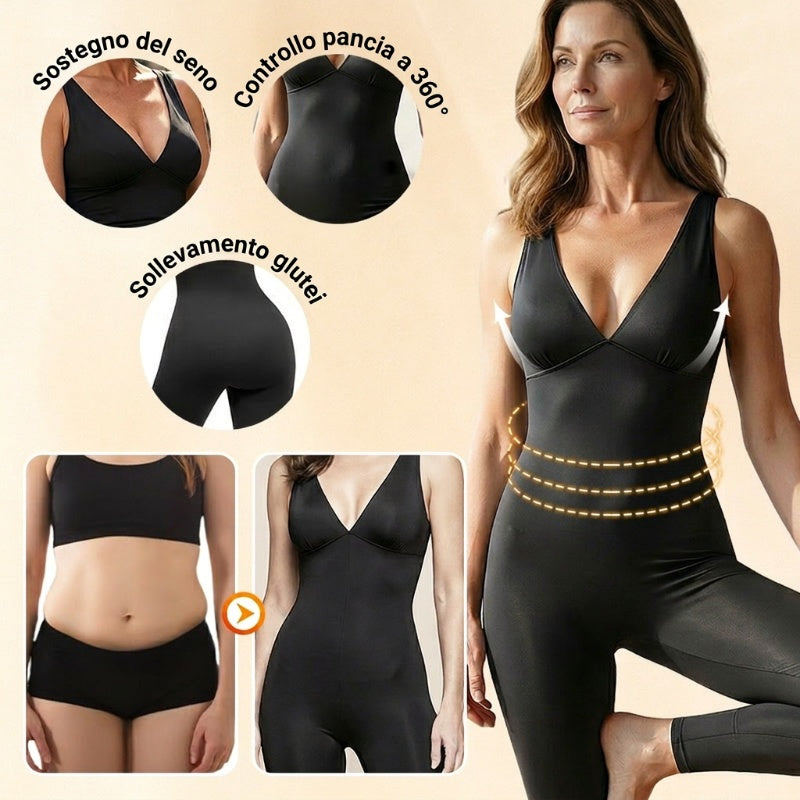 Tuta ad alta elasticità con scollo a V per fitness e yoga