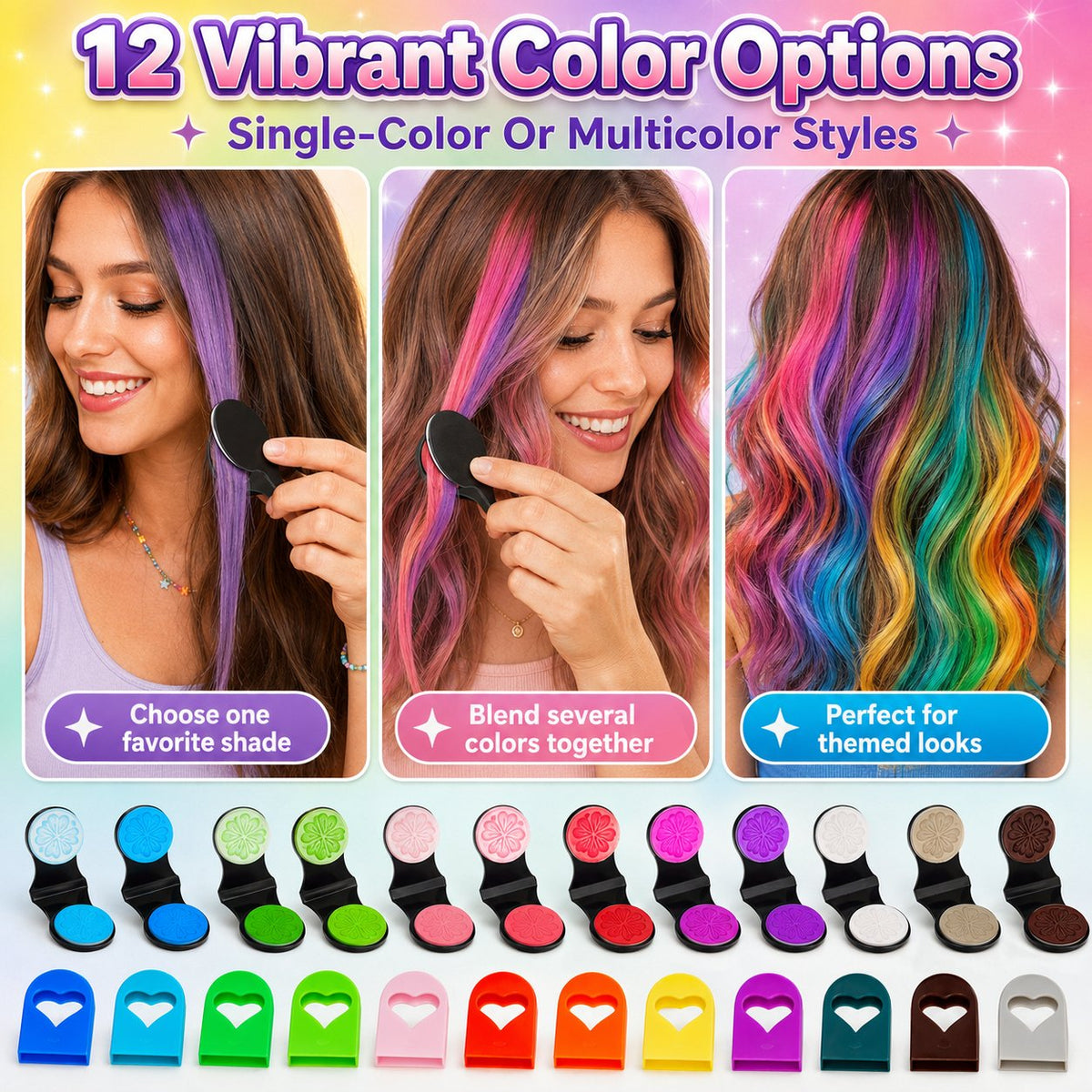 🌈 Set di gessetti colorati temporanei per capelli – 12 colori, facile applicazione a clip, si lava con lo shampoo. Perfetto per feste e cosplay! ✨🎉