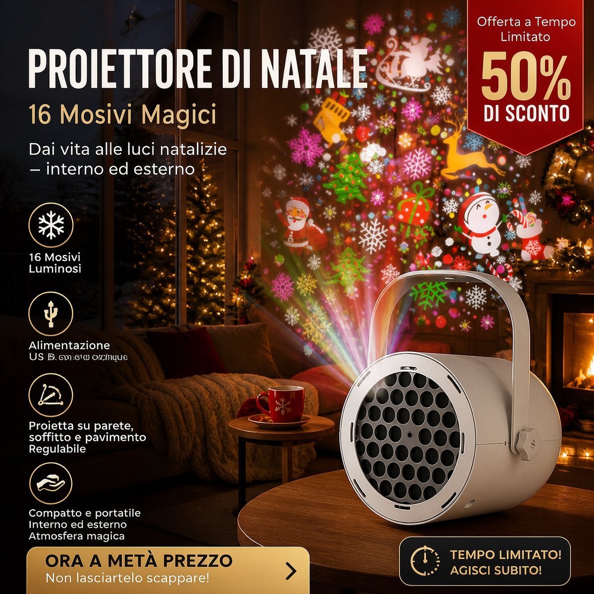 ✨OLTRE 50.000 PEZZI VENDUTI!🎅Proiettore natalizio USB🎄16 motivi festivi, angolo regolabile, portatile! Crea subito l’atmosfera di Natale a casa tua🎇