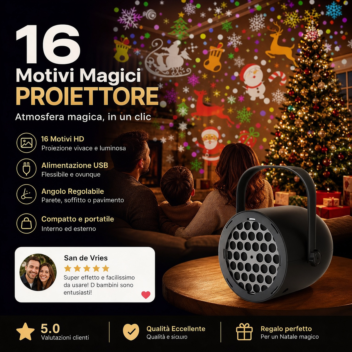 ✨OLTRE 50.000 PEZZI VENDUTI!🎅Proiettore natalizio USB🎄16 motivi festivi, angolo regolabile, portatile! Crea subito l’atmosfera di Natale a casa tua🎇