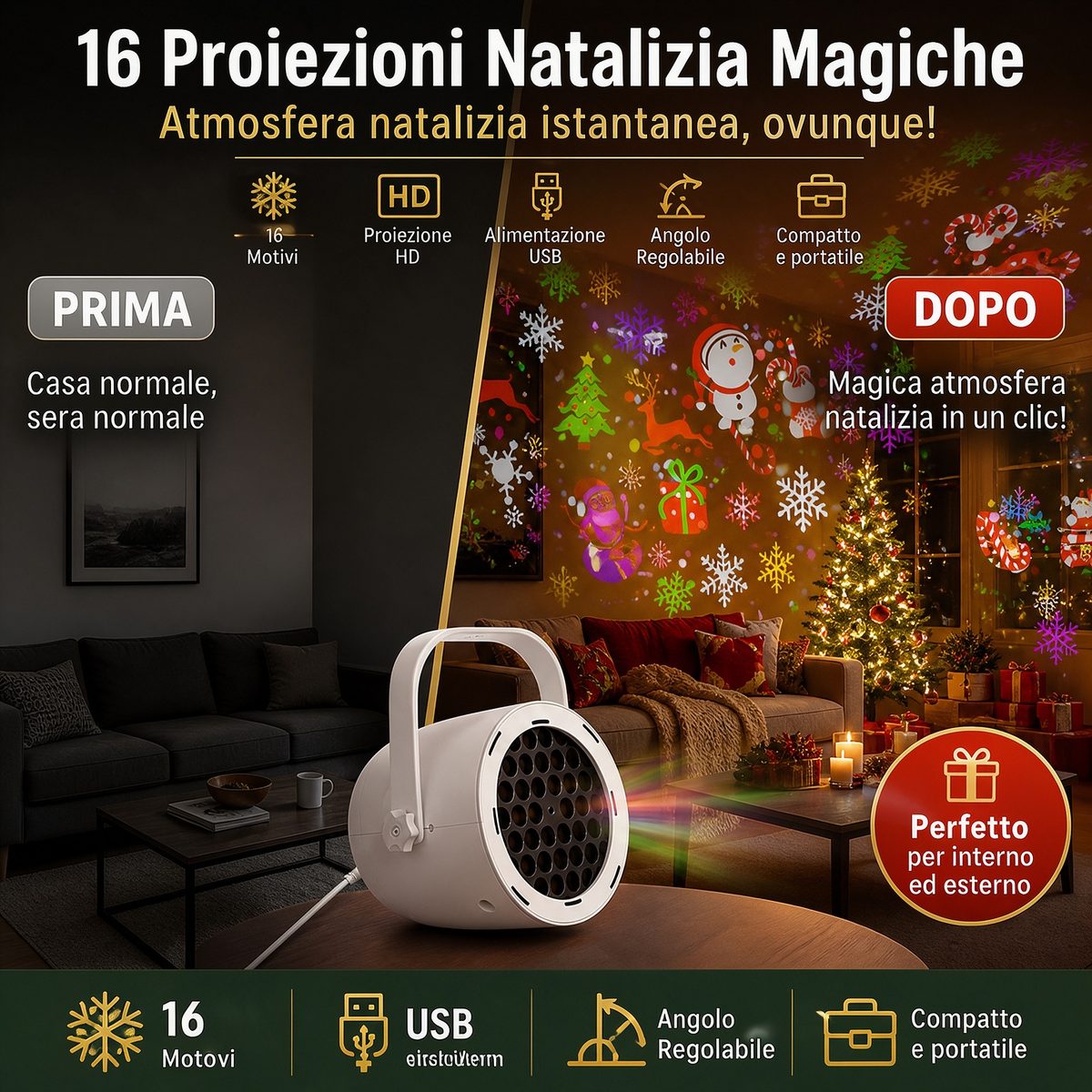 ✨OLTRE 50.000 PEZZI VENDUTI!🎅Proiettore natalizio USB🎄16 motivi festivi, angolo regolabile, portatile! Crea subito l’atmosfera di Natale a casa tua🎇