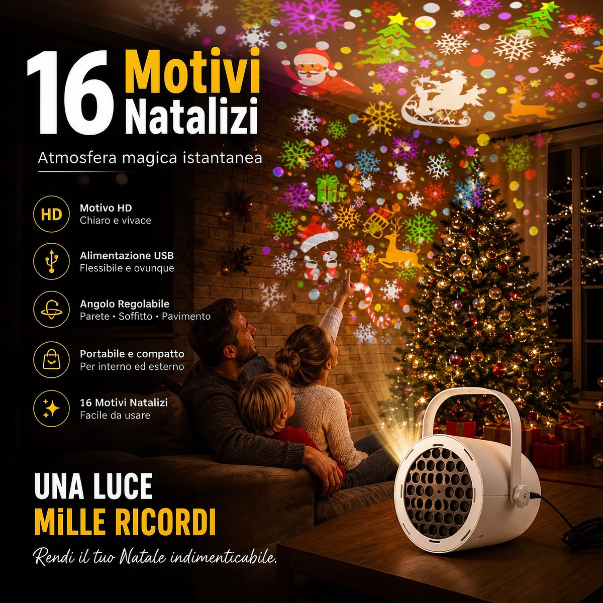 ✨OLTRE 50.000 PEZZI VENDUTI!🎅Proiettore natalizio USB🎄16 motivi festivi, angolo regolabile, portatile! Crea subito l’atmosfera di Natale a casa tua🎇