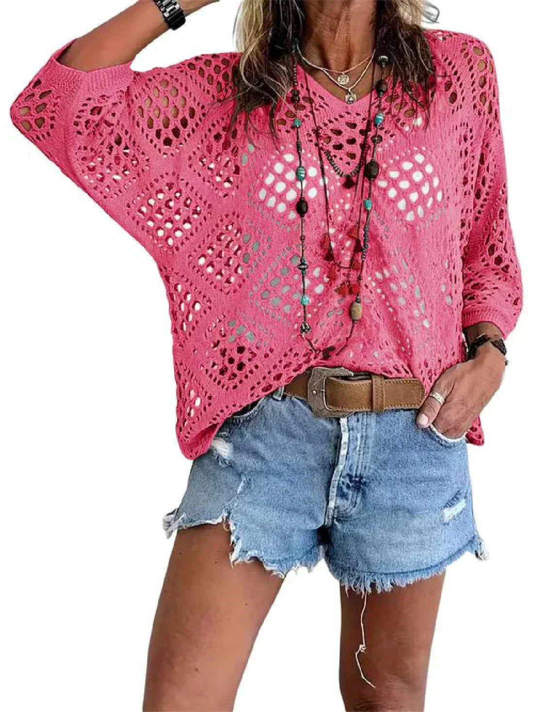 🥰Saldi estivi - 50% di sconto💛Top da donna beige all'uncinetto in stile bohémien con scollo a V