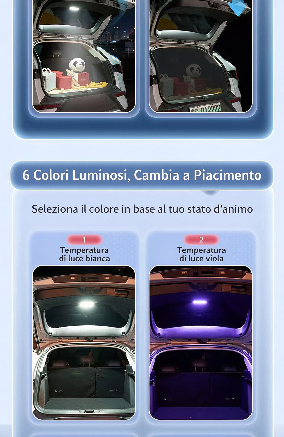 🔆Luce LED per Bagagliaio Auto Solare – Sensore Automatico, Senza Fili, 6 Colori, per SUV e Veicoli