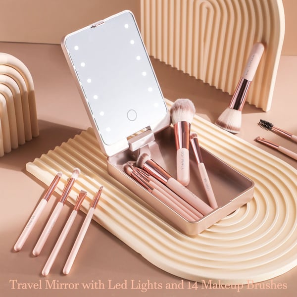 🔥 Big Sale 50% OFF🌈Travel Makeup Brush Set with LED Light Mirror