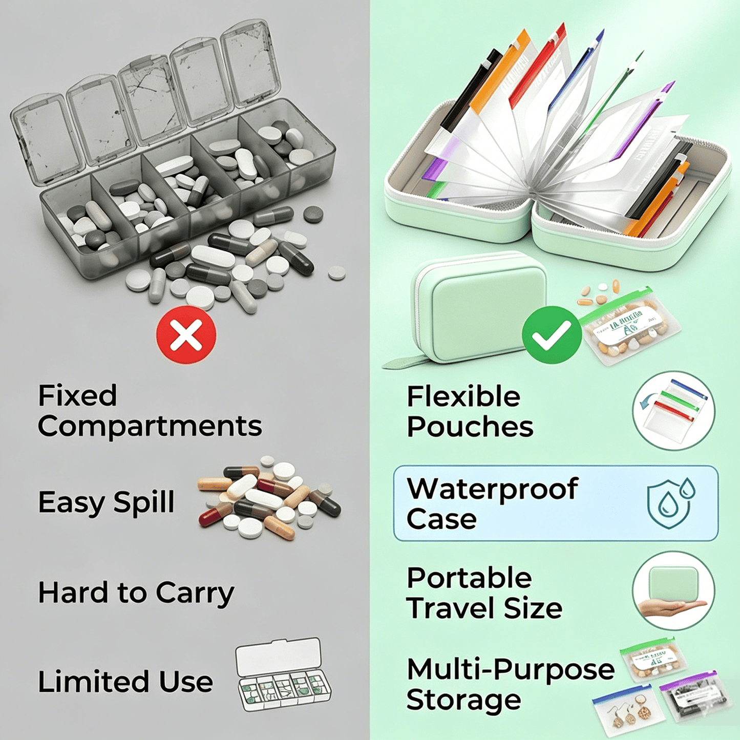 💊 A8 Organizer Impermeabile 14 Bustine Portapillole Codificate a Colori – Custodia da Viaggio Settimanale in Stile Raccoglitore per Pillole, Vitamine e Integratori💊