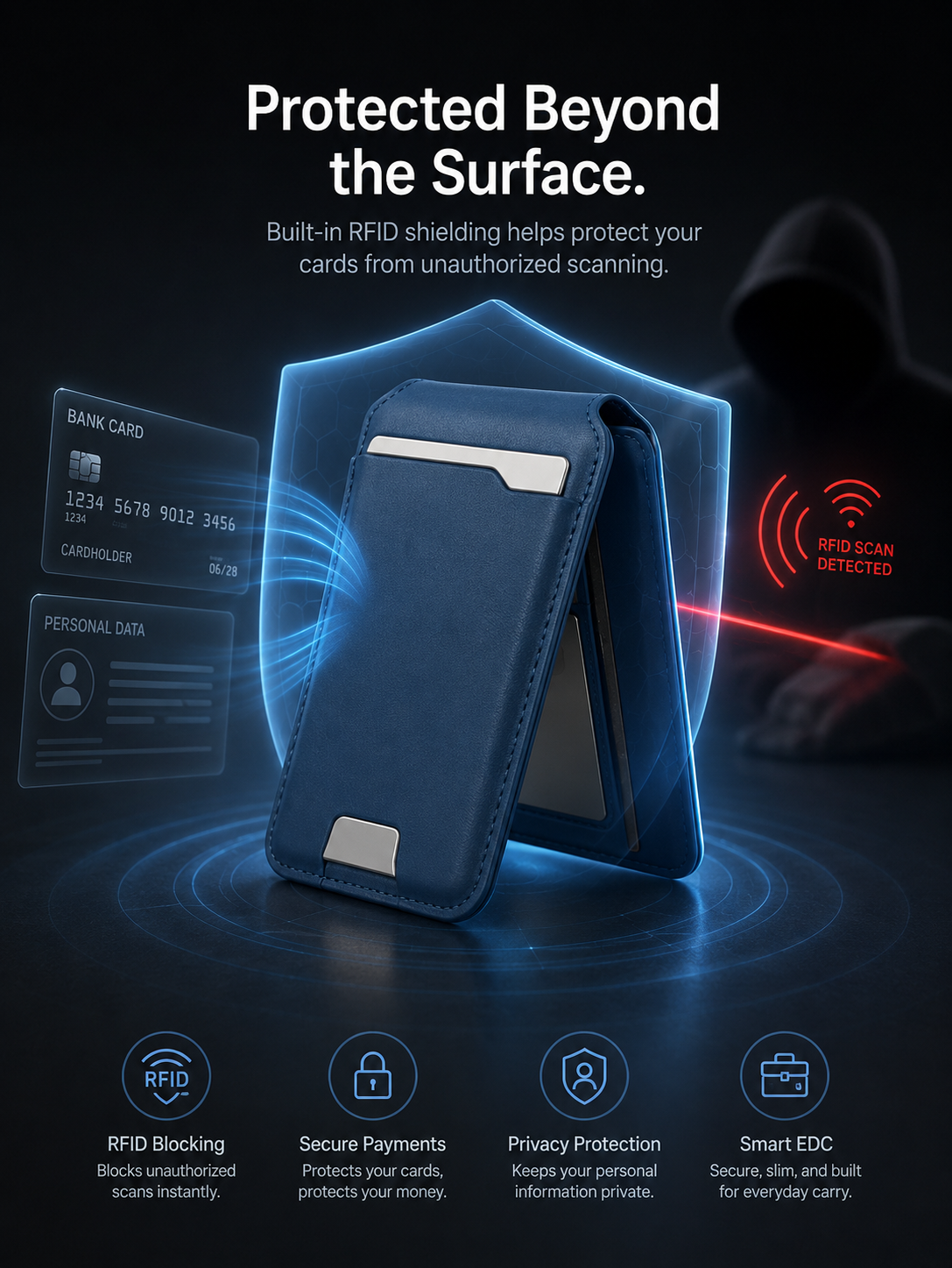 Portafoglio intelligente MagSafe in vera pelle nappa – con Apple Trova il mio™ e Google Find Hub™, protezione RFID e ricarica wireless.