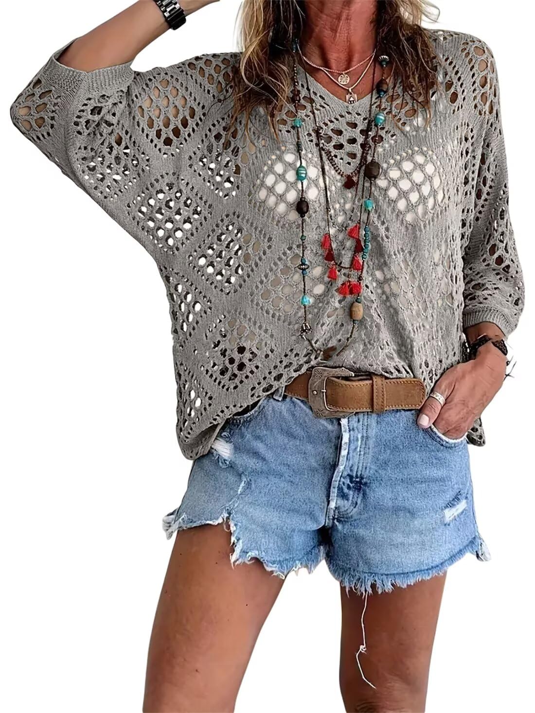 🥰Saldi estivi - 50% di sconto💛Top da donna beige all'uncinetto in stile bohémien con scollo a V