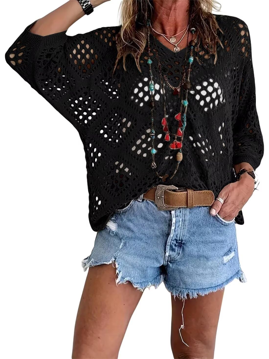 🥰Saldi estivi - 50% di sconto💛Top da donna beige all'uncinetto in stile bohémien con scollo a V