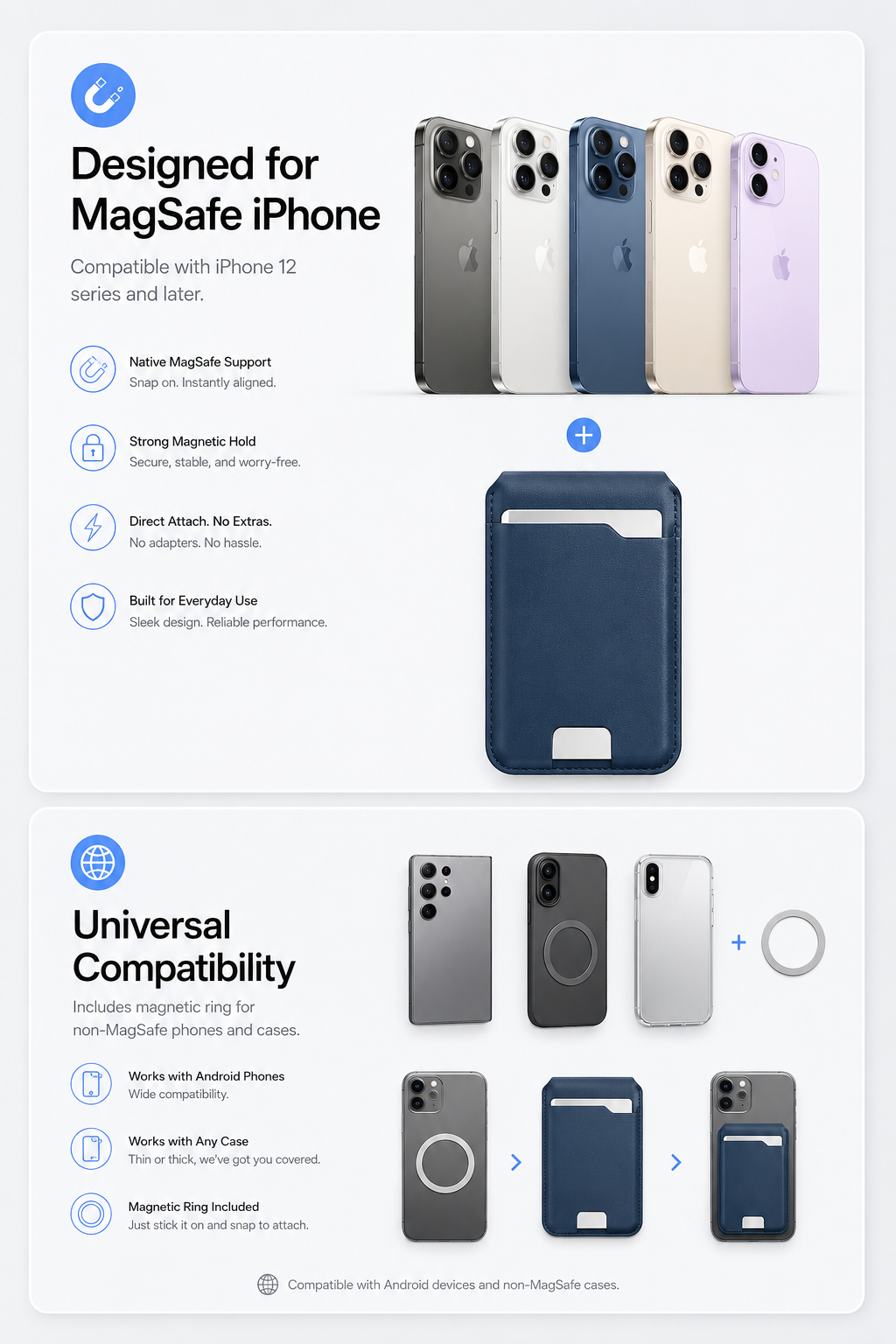 Portafoglio intelligente MagSafe in vera pelle nappa – con Apple Trova il mio™ e Google Find Hub™, protezione RFID e ricarica wireless.
