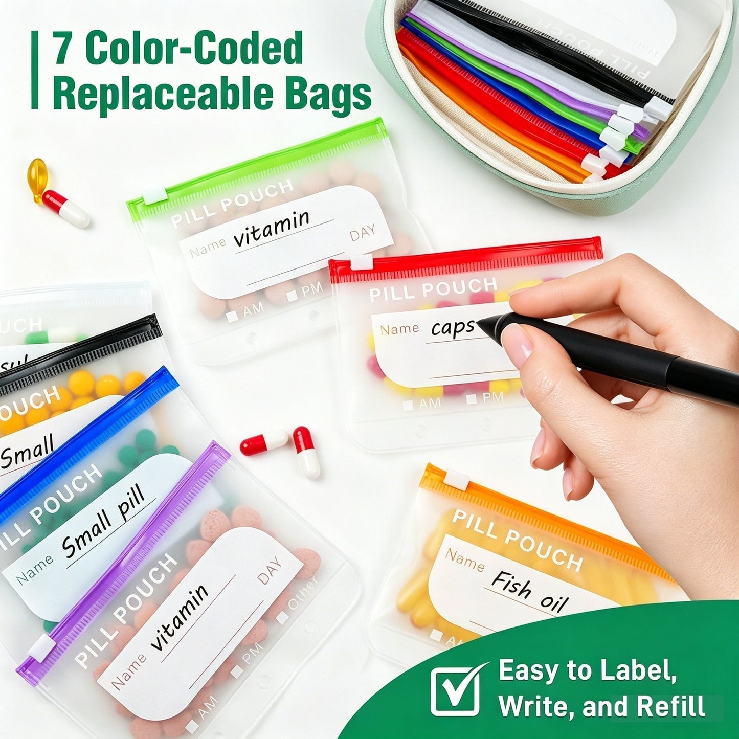 💊 A8 Organizer Impermeabile 14 Bustine Portapillole Codificate a Colori – Custodia da Viaggio Settimanale in Stile Raccoglitore per Pillole, Vitamine e Integratori💊