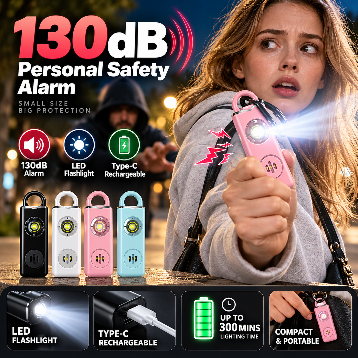 🚨Allarme personale di sicurezza ricaricabile Type-C✨130dB suono forte + torcia LED e luce stroboscopica SOS. Piccolo e portatile, avviso batteria scarica, antiurto. Perfetto per donne, bambini e anziani per emergenze✅