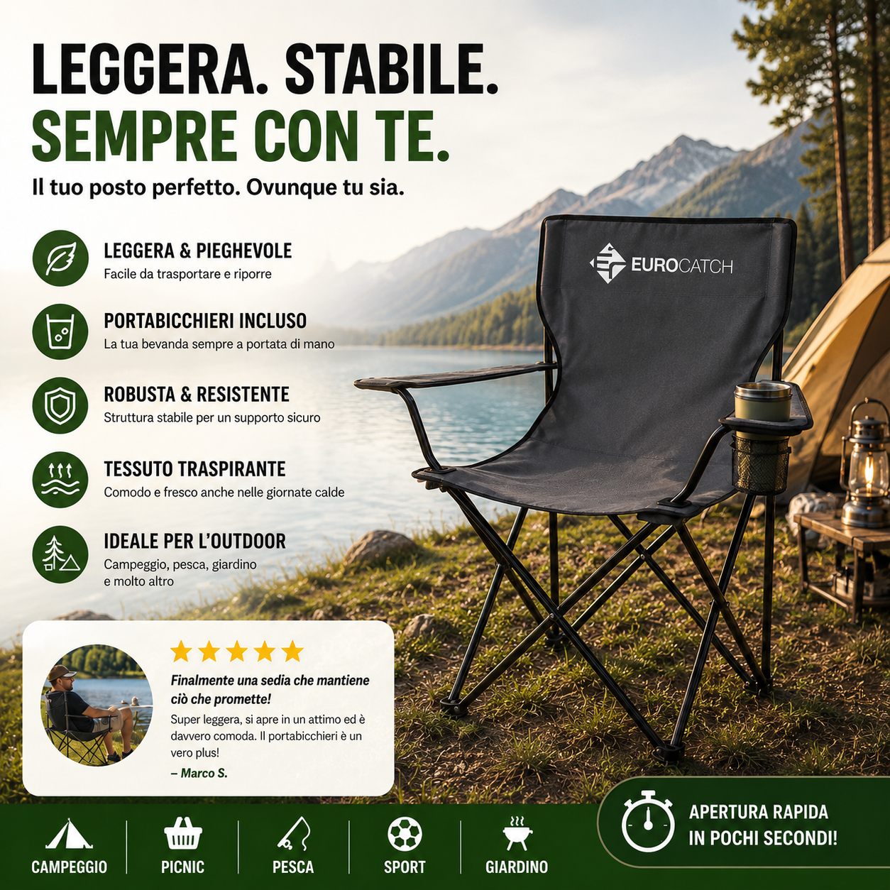 Sedia da Campeggio Pieghevole Portatile con Portabicchiere