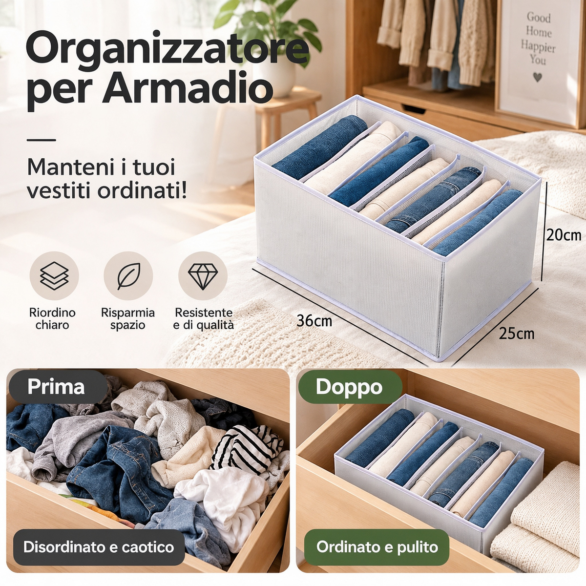 ✨Organizer per cassetti e armadi a 7 scomparti👕Per riporre maglie, calze, biancheria intima. Mantiene l’ordine, evita il disordine nel guardaroba. Morbido e resistente, pieghevole quando non serve.
