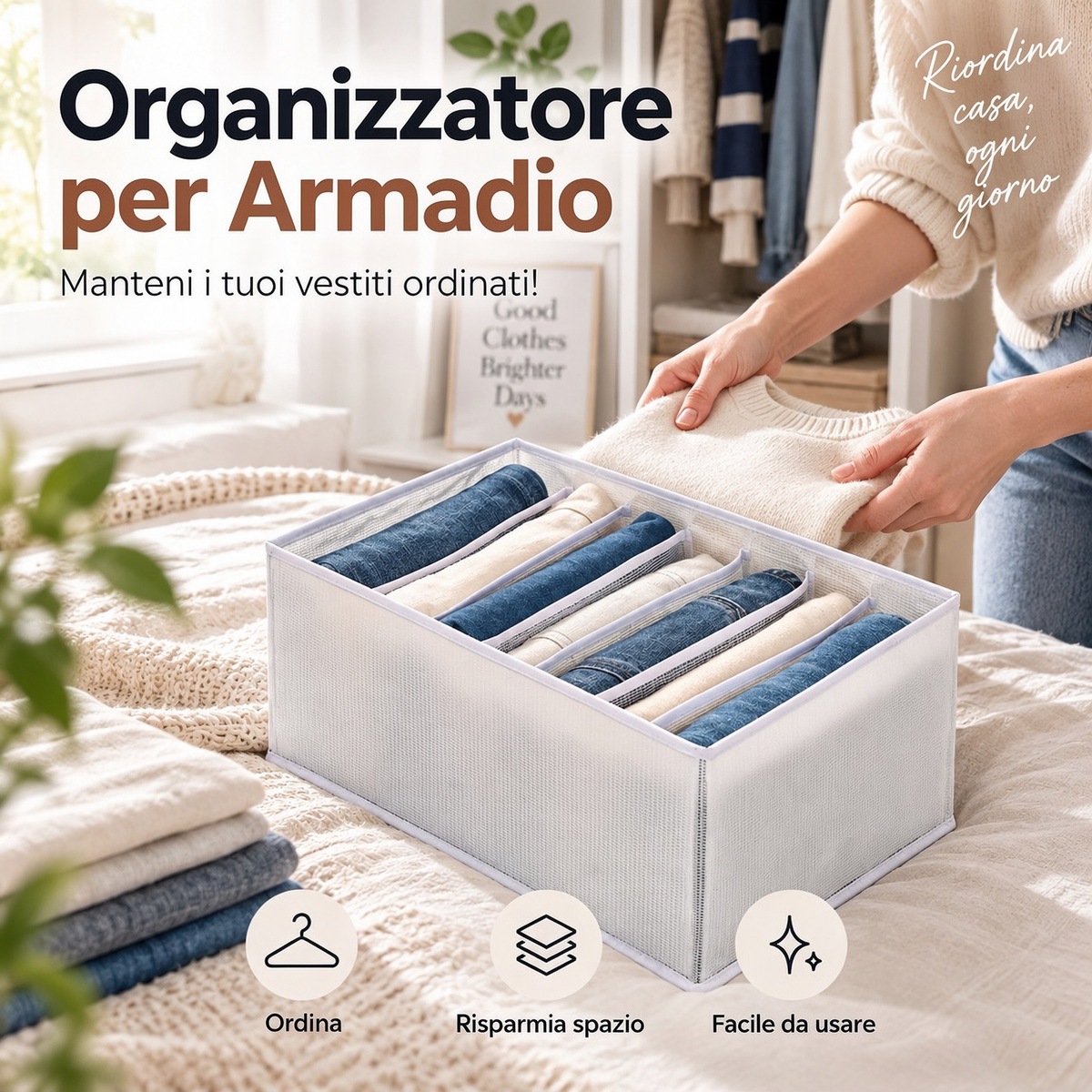 ✨Organizer per cassetti e armadi a 7 scomparti👕Per riporre maglie, calze, biancheria intima. Mantiene l’ordine, evita il disordine nel guardaroba. Morbido e resistente, pieghevole quando non serve.